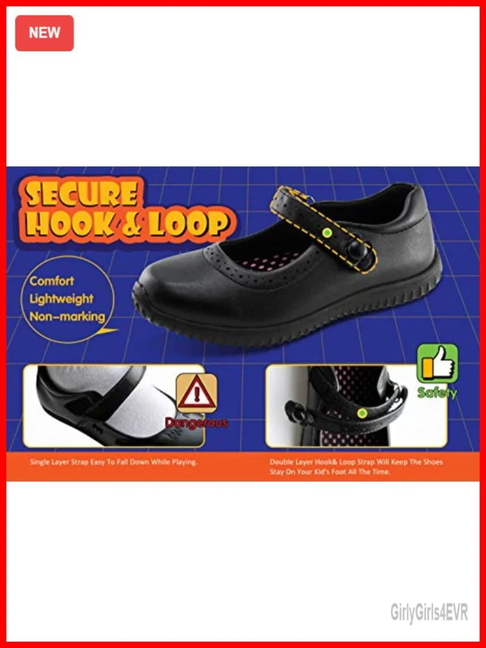 Girl's Mary Jane School Uniform Shoes Faux Leather Hook & Loop